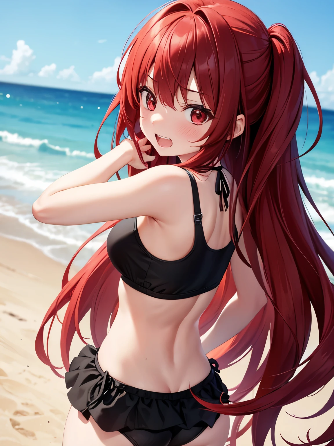 1girl,red hair,long hair,Black swimsuit,Walking,Facing backwards,Surprised expression, blush, teeth showing,, red eyes, close up photo,Ultra detail, Ultra HD, masterpiece
