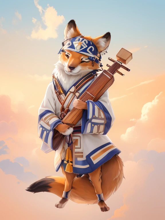 High resolution, 頂級quality, 最好的quality, Paid rewards available, 無與倫比的masterpiece, perfect work of art, Ridiculous,好的quality,Super detailed,actual,(portrait,photo-actual:1.37),(hairy:1.1),(human nature:1.1) High resolution, 8k, masterpiece,, Super detailed, mammal,whole body,National style totem,ethnic jewelry,quality, Hokkaido赤狐, elder, 一隻雄性hairy的狐狸 (orange fur), whole body都覆蓋著毛皮, , 穿著Hokkaido阿伊奴族的傳統服飾,Off-white coat,Dark blue headscarf,hands holding traditional musical instruments,Squint your eyes and smile, masterpiece, 最好的quality, Digital art, (actual:0.3), cartoon, Detailed route, High resolution, visually stunning (detailed lighting, Depth of Field:0.9), detailed color, Bright colors create perfect hands, Detailed hands (Fair, Cute, Fluffy:1.2), detailed body, HokkaidoNatural background,horizon landscape, National costume, national totem,清澈的Sky空, movie lighting, Sky, sunny Sky,,grassland, horizon background(Natural background:1.1,Hokkaido:0.9), (Soft natural light:1.1), (Detailed facial features:1.1,expressive eyes:1.2), (calm and serene expression:1.1), (Flowing and layered clothing:1.1), (Gorgeous and intricate accessories:1.1), Fine hairs, Delicate face,