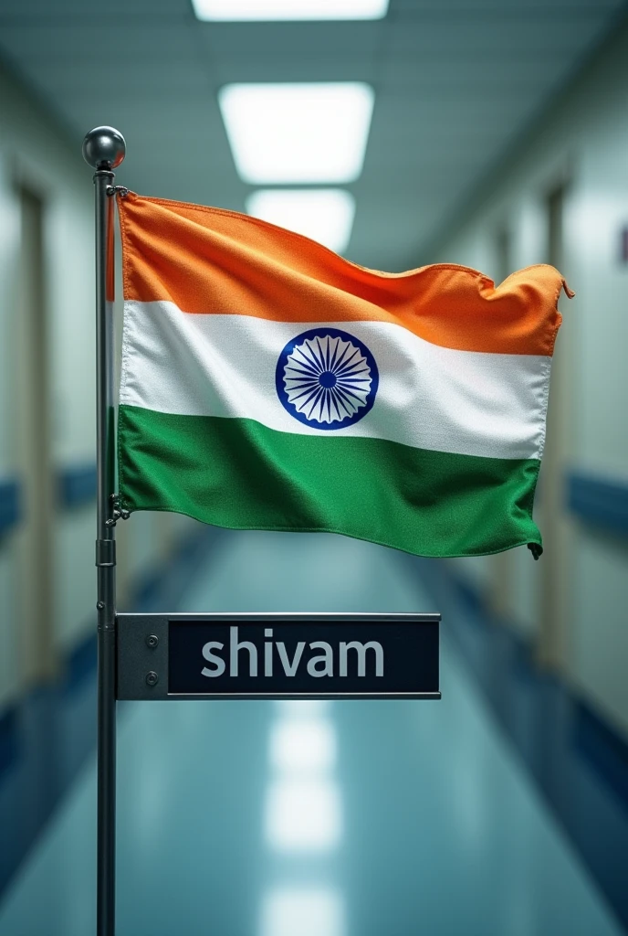 Realistic image create Indian flag on the thar thar name plate "name shivam" 15 Aug 2024 back garung for Hospital