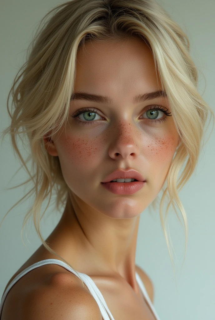 Woman , green eyes thin face, full lips short blond hair sharp nose , with freckles 