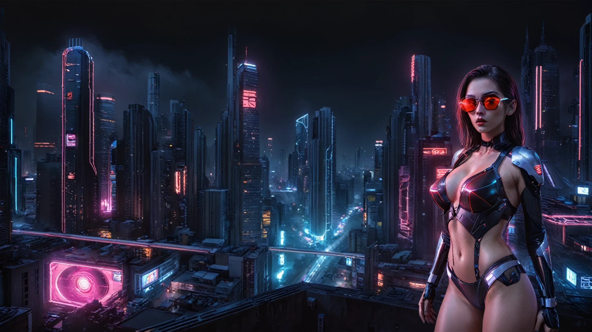 (High view). There's a cyborg woman (8k) wearing a futuristic leotard (best quality) standing in a cyberpunk city alley at night, darksynth aesthetic, red neons, haze, 1drone, foggy night, ultra detailed, photorealistic, (1girl, solo, alone), large-breast:1.2 slim body, cleavage:1.1, (black sunglasses), (holding a pistol), half-body thigh level medium shot, cinematic lighting, ray tracing.