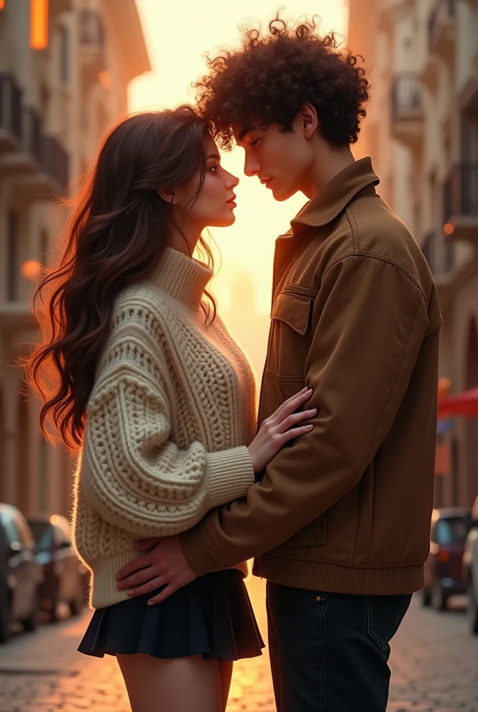 a couple, beautiful mbti intp girl, messy curly long hair, body, small chest, sweater top, jeans pants, handsome mbti istp man, messy short hair, big buff muscles, leather jacket, jeans pants, no beards, no mustache