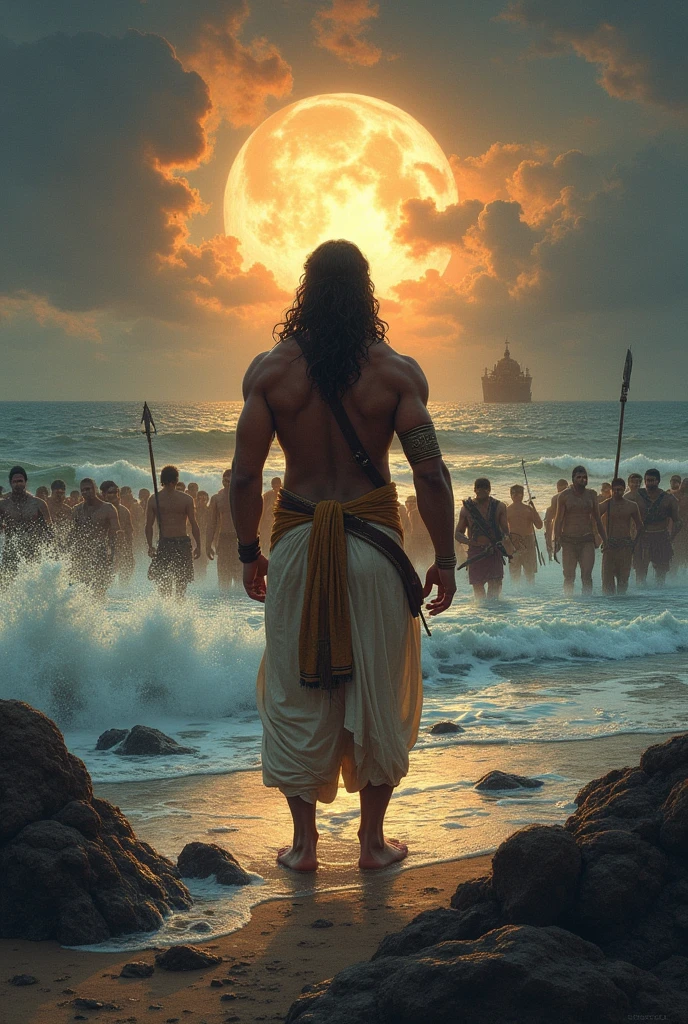 इस दृश्य में भगवान राम समुद्र के किनारे खड़े हैं, उनकी दृष्टि लंका की ओर है, जहाँ रावण ने माता सीता को बंदी बनाकर रखा है। भगवान राम के चेहरे पर चिंता और दृढ़ निश्चय का भाव है। उनके पीछे वानर सेना (हनुमान और अन्य वानर) युद्ध की तैयारी कर रहे हैं। समुद्र की लहरें किनारे से टकरा रही हैं, और सूरज धीरे-धीरे ढल रहा है, जिससे वातावरण में एक गंभीरता और संघर्ष का आभास हो रहा है।