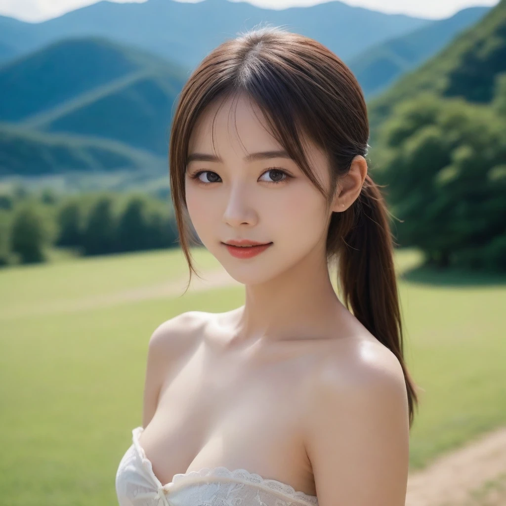 (((naked)))、(((Photograph from head to knee)))、(((Standing posture)))、A basin surrounded by mountains、((Sunburn marks:1.2))、8k、smile、Highest quality, Realistic, Perfect Human Anatomy, Very detailed, Very delicate and beautiful, Raw photo, Professional Lighting, Illumination, Depth of written boundary, Single focus, 20 years old, Small Head, Baby Face, Beautiful Eyes, True Face, Realistic skin, Fine grain, ((Brown hair in a ponytail)), Absurd、Unbelievably ridiculous resolution、very nice、necklace、countryside、Inside the Farm、Cows eating grass、