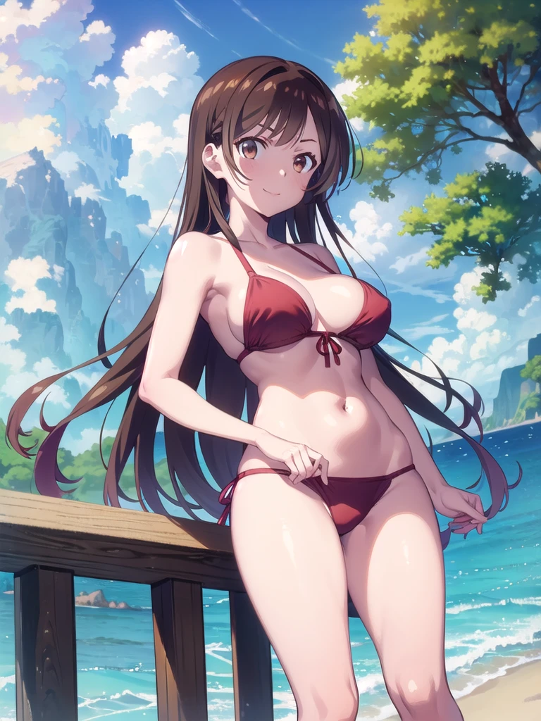 (((pixel-perfect, detail-perfect))), solo, 1girl, chizuru ichinose, naked,looking at viewer, smile, upper body1 girl, beauty, brown eyes, alone, breasts, brown hair, big breasts, Kanojo anime lineart, Chizuru, 1 girl, brown hair, long hair,, big breasts,,add_detail: 1, bikini, FULL BODY ,in the Beach, View from below 