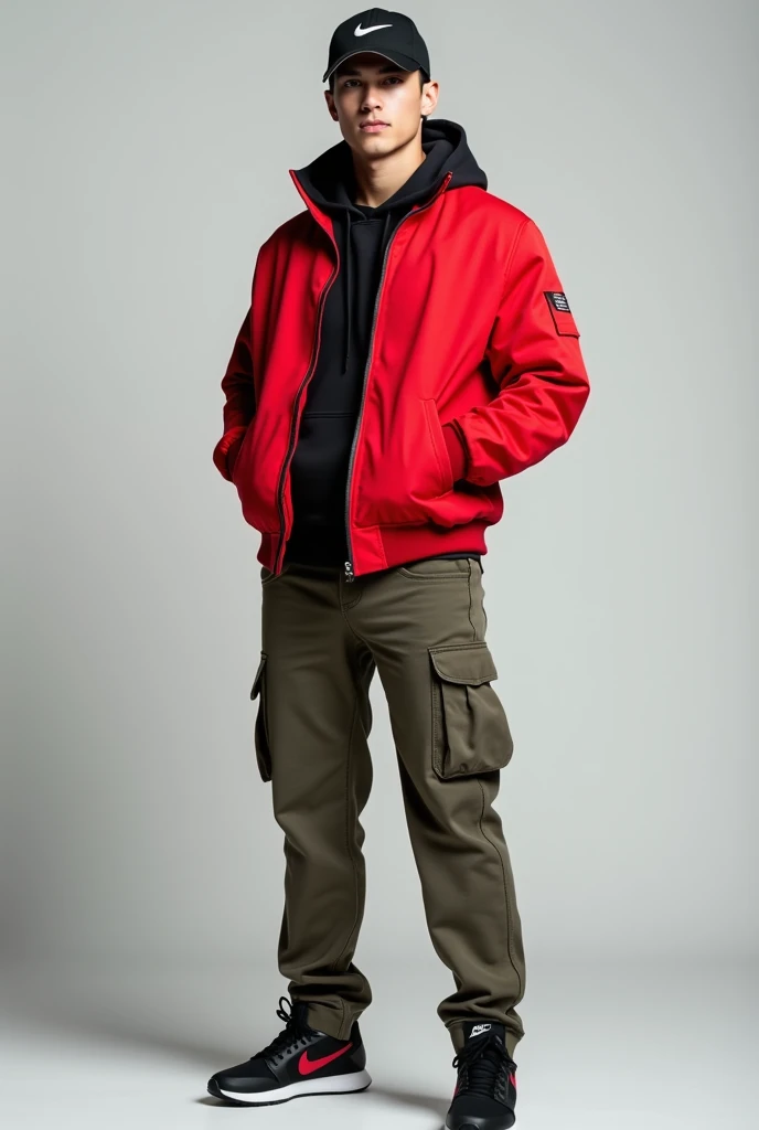 Realistic photo of a young man wearing cargo pants, black nike tennis shoes, all red jacket and under the cap a black nike cap.