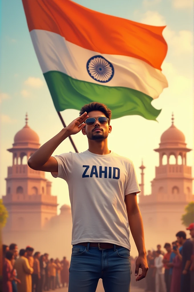Create a realistic picture of an 18-year-old boy wearing a white t-shirt and blue jeans. He is saluting a big flying Indian flag, with the Red Fort in the background. The name “ZAHID” is written on his t-shirt in bold letters, sunglasses. The overall image should have a divine background, reminiscent of Indian Republic Day, with people celebrating.
