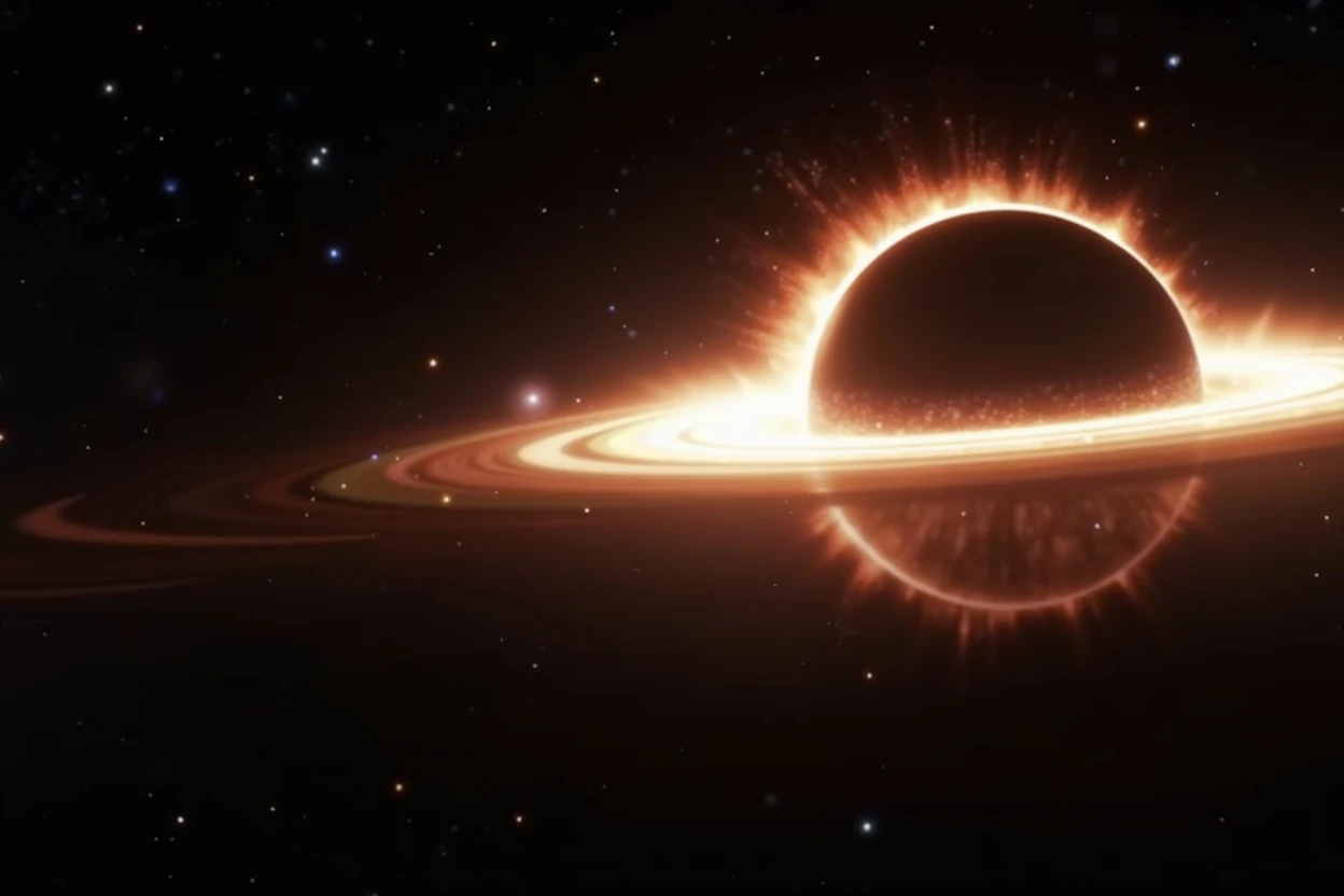 Create a hyper-realistic image of a black hole in deep space. The black hole should be surrounded by a luminous accretion disk, composed of swirling gases and debris. Include an event horizon where light is dramatically warped around the black hole. The image should have a dark and ominous atmosphere, with deep shades of blue, Deep crimson and subtle touches of brilliant light, representing the immense gravitational force. Background stars and galaxies should appear distorted due to the intense gravitational effects.