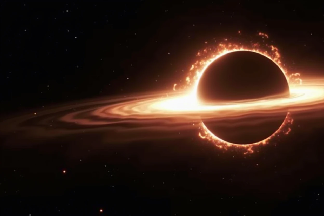 Create a hyper-realistic image of a black hole in deep space. The black hole should be surrounded by a luminous accretion disk, composed of swirling gases and debris. Include an event horizon where light is dramatically warped around the black hole. The image should have a dark and ominous atmosphere, with deep shades of blue, Deep crimson and subtle touches of brilliant light, representing the immense gravitational force. Background stars and galaxies should appear distorted due to the intense gravitational effects.