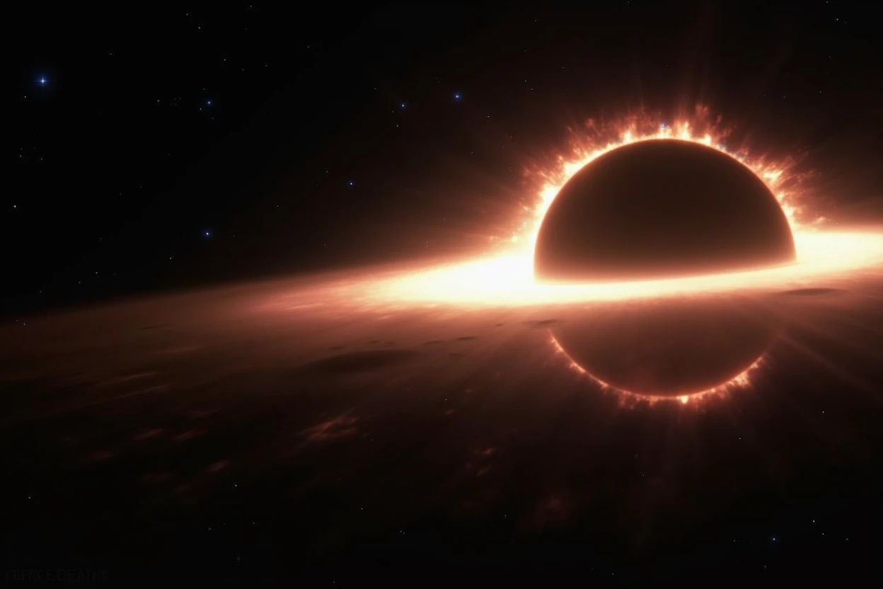 Create a hyper-realistic image of a black hole in deep space. The black hole should be surrounded by a luminous accretion disk, composed of swirling gases and debris. Include an event horizon where light is dramatically warped around the black hole. The image should have a dark and ominous atmosphere, with deep shades of blue, Deep crimson and subtle touches of brilliant light, representing the immense gravitational force. Background stars and galaxies should appear distorted due to the intense gravitational effects.