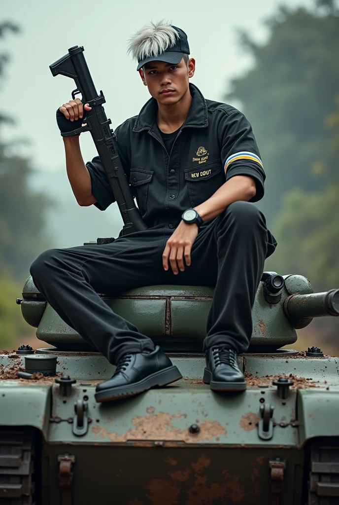 A handsome Indonesian young man,. white hair.and wearing a Snapback, holding a toy gun styled on his shoulder, sitting on the barrel of a modified replica tank toy gun with the strongest materials, wearing a squadron uniform that says ."NEW DOUBT". black protection, realistic, 8k. Indonesian:mod by Vina Sumber