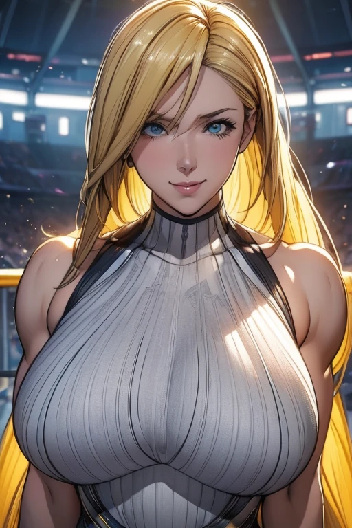 Ultra-Real 8K, (((Gentle female domination))), Detailed eyes, 40-year-old woman, Balanced face, (((Lusamine))), Yellow Hair, Voluminous Hair, Hair spread out widely, smile on the lips, looking at viewer, tall, Amateur wrestling venue, No spectators, ((Large woman in fitness wear), (((hyper massive, Muscular))), ((Huge muscles,)), ((Strongest Pose)), Showing off muscles, front, whole body