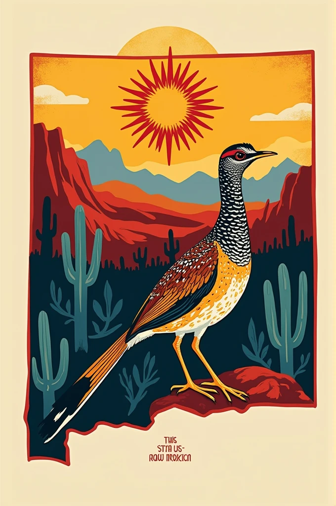 Please create a art work for me all about New mexico state with theire popular bird and zia symbol inside state map