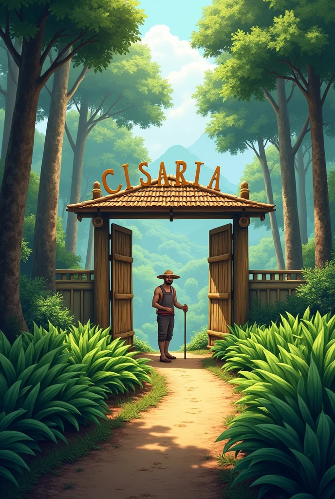 pine forest, with a path and bamboo gate that says "CISARUA" and there is a coffee farmer