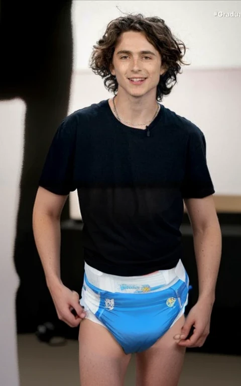 Diaper, abu cushies pattern, Realistic photo of Timothée chalamet, young man, male, very skinny, bare legs, standing, wearing a diaper