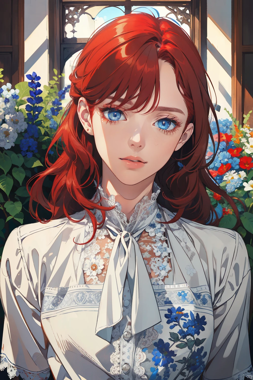 1 man, Realistic, master-piece, bestquality, Beautiful, detailed eyes and detailed faces.,natural light, European retro, White shirt, lace, Long dark grey red hair, blue grey eyes, attractive, depressed, Decorative flowers, sunbeam, 31 years.