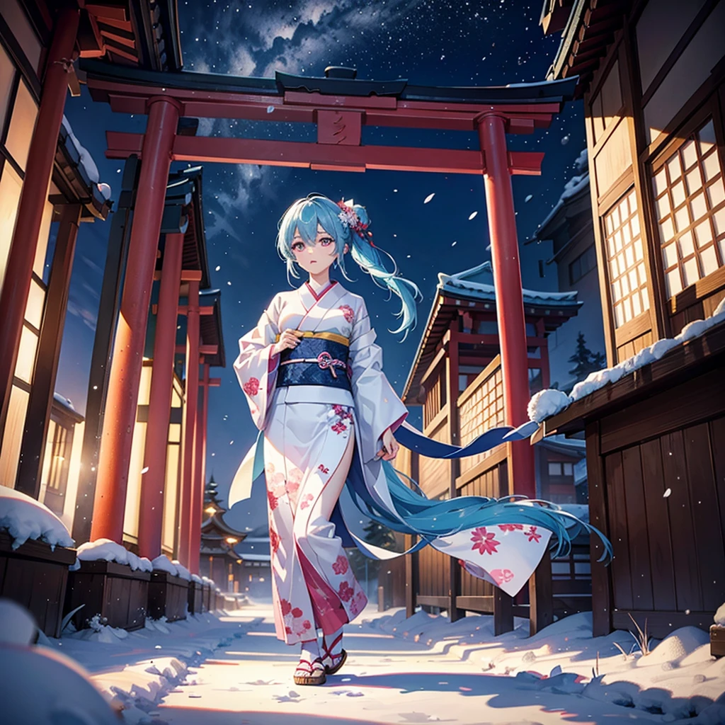(Sky blue hair tied in a single strand),(Pink Eyes),Fair Skin,Full Body,Alone,Snowy Night,Drawing a divine lot at a temple,torii,japanese kimono,Masterpiece, Top Quality, Very Detailed, Best Shadows,Detailed Background,Beautifully Detailed Face,High Contrast,Best Lighting, Very Delicate and Beautiful,Cinematic Light,Hyper Detail,8k,Dramatic Light,Exquisite Detail,