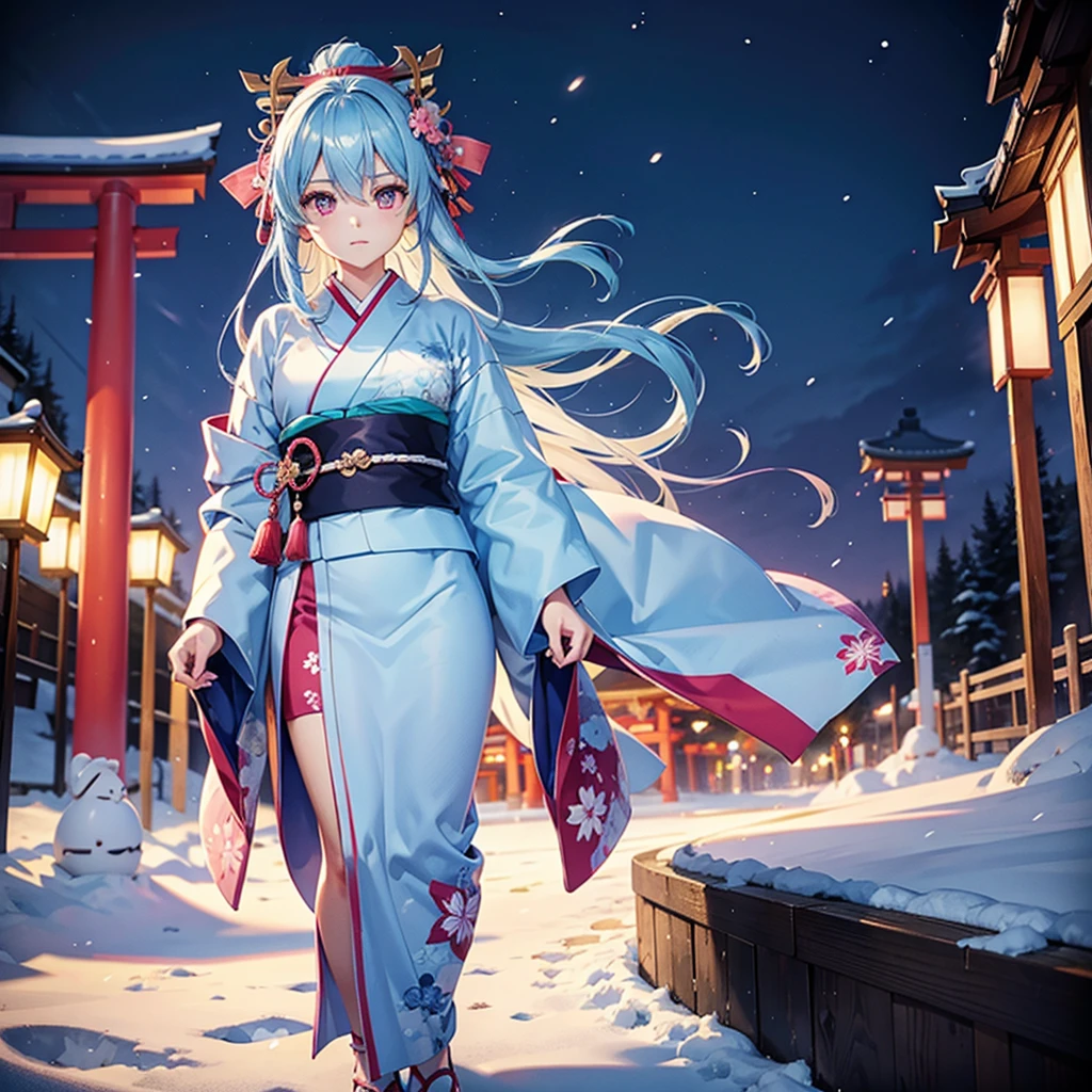 (Sky blue hair tied in a single strand),(Pink Eyes),Fair Skin,Full Body,Alone,Snowy Night,Drawing a divine lot at a temple,torii,japanese kimono,Masterpiece, Top Quality, Very Detailed, Best Shadows,Detailed Background,Beautifully Detailed Face,High Contrast,Best Lighting, Very Delicate and Beautiful,Cinematic Light,Hyper Detail,8k,Dramatic Light,Exquisite Detail,