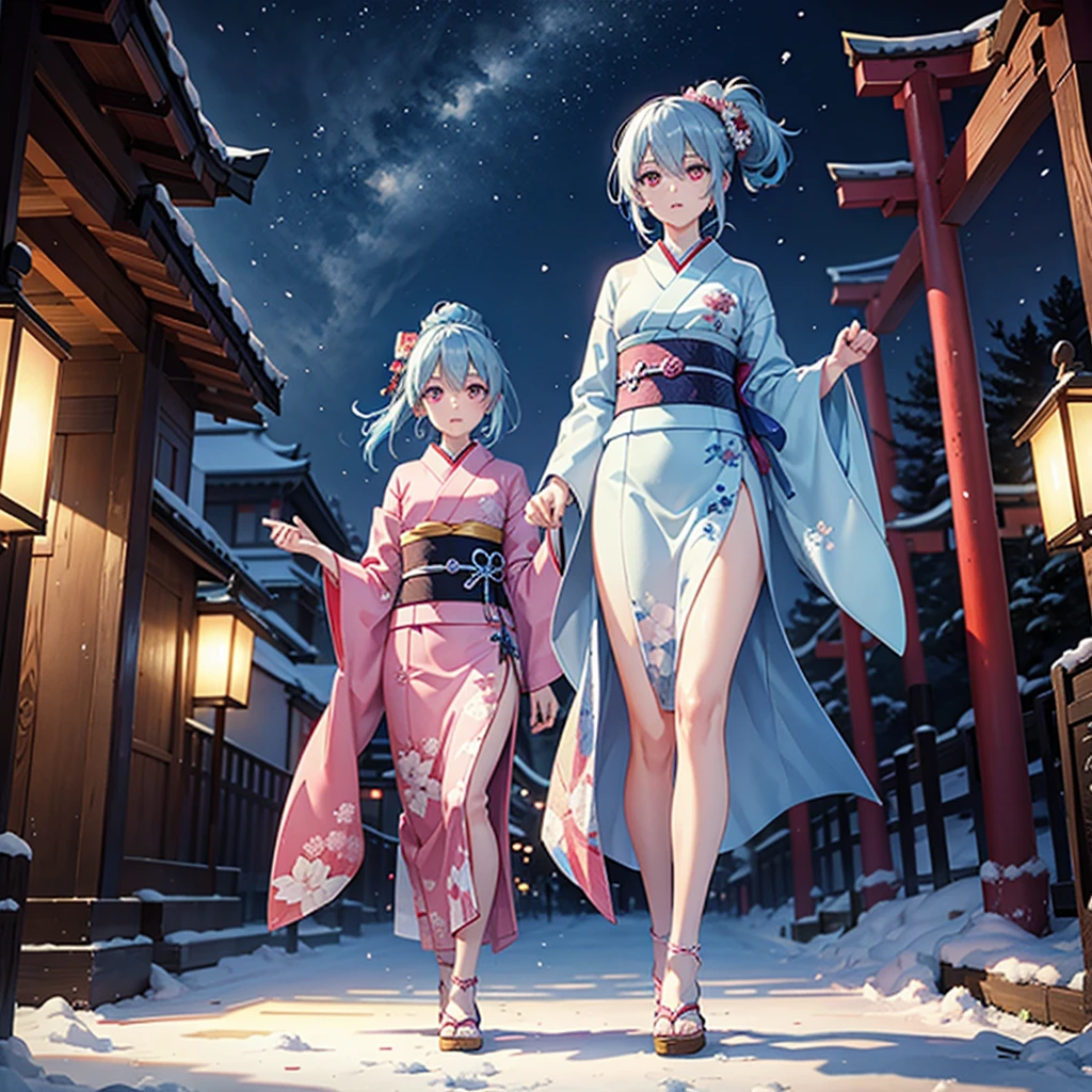 (Sky blue hair tied in a single strand),(Pink Eyes),Fair Skin,Full Body,Alone,Snowy Night,Drawing a divine lot at a temple,torii,japanese kimono,Masterpiece, Top Quality, Very Detailed, Best Shadows,Detailed Background,Beautifully Detailed Face,High Contrast,Best Lighting, Very Delicate and Beautiful,Cinematic Light,Hyper Detail,8k,Dramatic Light,Exquisite Detail,
