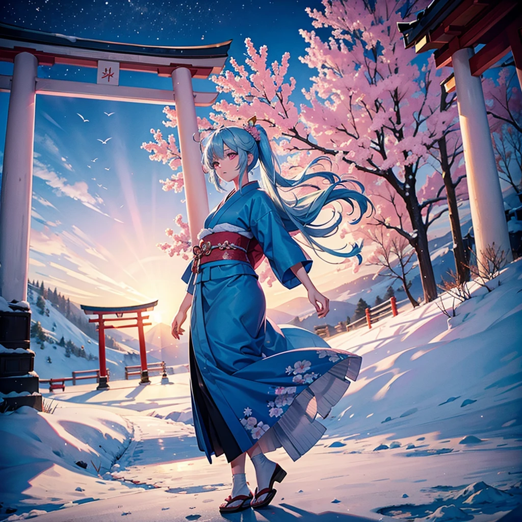 (Sky blue hair tied in a single strand),(Pink Eyes),Fair Skin,Full Body,Alone,Snowy Night,Drawing a divine lot at a temple,torii,japanese kimono,Masterpiece, Top Quality, Very Detailed, Best Shadows,Detailed Background,Beautifully Detailed Face,High Contrast,Best Lighting, Very Delicate and Beautiful,Cinematic Light,Hyper Detail,8k,Dramatic Light,Exquisite Detail,