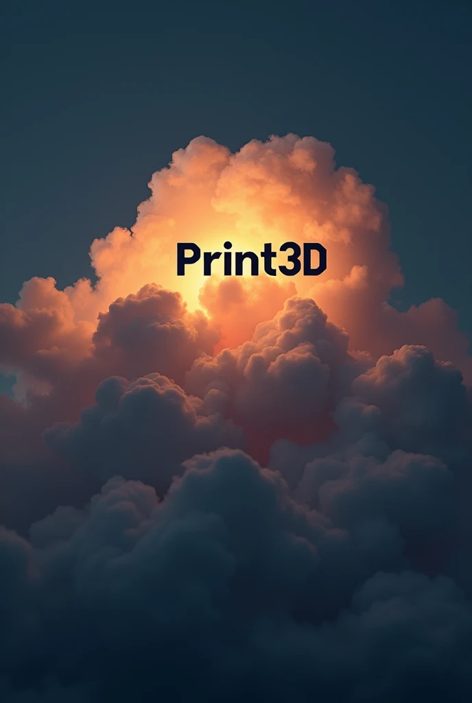 Create an image with a single cloud. In the middle of the cloud, it should say 'Print3D'. Try to make 'Print3D' stand out with a warm light. Make the logo black and the background of the cloud a dark, but not too dark, shade. Remember it's a single cloud. Make 'Print3D' black, but keep the warm light effect.