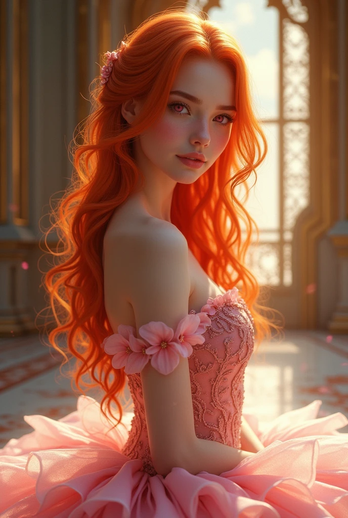 8k portrait of a beautiful princess with orange hair, Wavy, elegant, Very detailed, majestic, digital photography, art by artgerm and Ruan Jia and Greg Rutkowski, surreal painting, ballet dress, luxurious castle, (masterpiece, side lighting, beautiful finely detailed eyes: 1.2), dancing, smiling, pink eyes