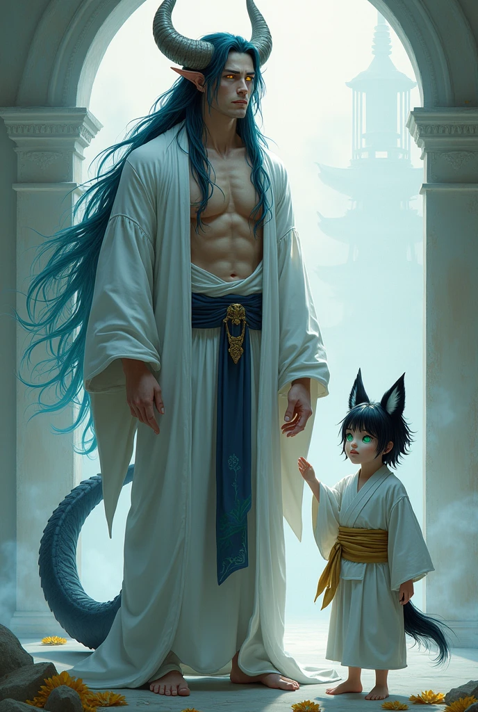 A tall man with long, bluish-black hair reaching his knees, yellow eyes, horns, and a dragon tail, wearing a white yukata that reveals a bit of his muscular chest, next to a short boy with black hair and green eyes, wearing fox ears and a fox tail.