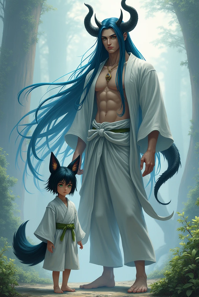 A tall man with long, bluish-black hair reaching his knees, yellow eyes, horns, and a dragon tail, wearing a white yukata that reveals a bit of his muscular chest, next to a short boy with black hair and green eyes, wearing fox ears and a fox tail. 