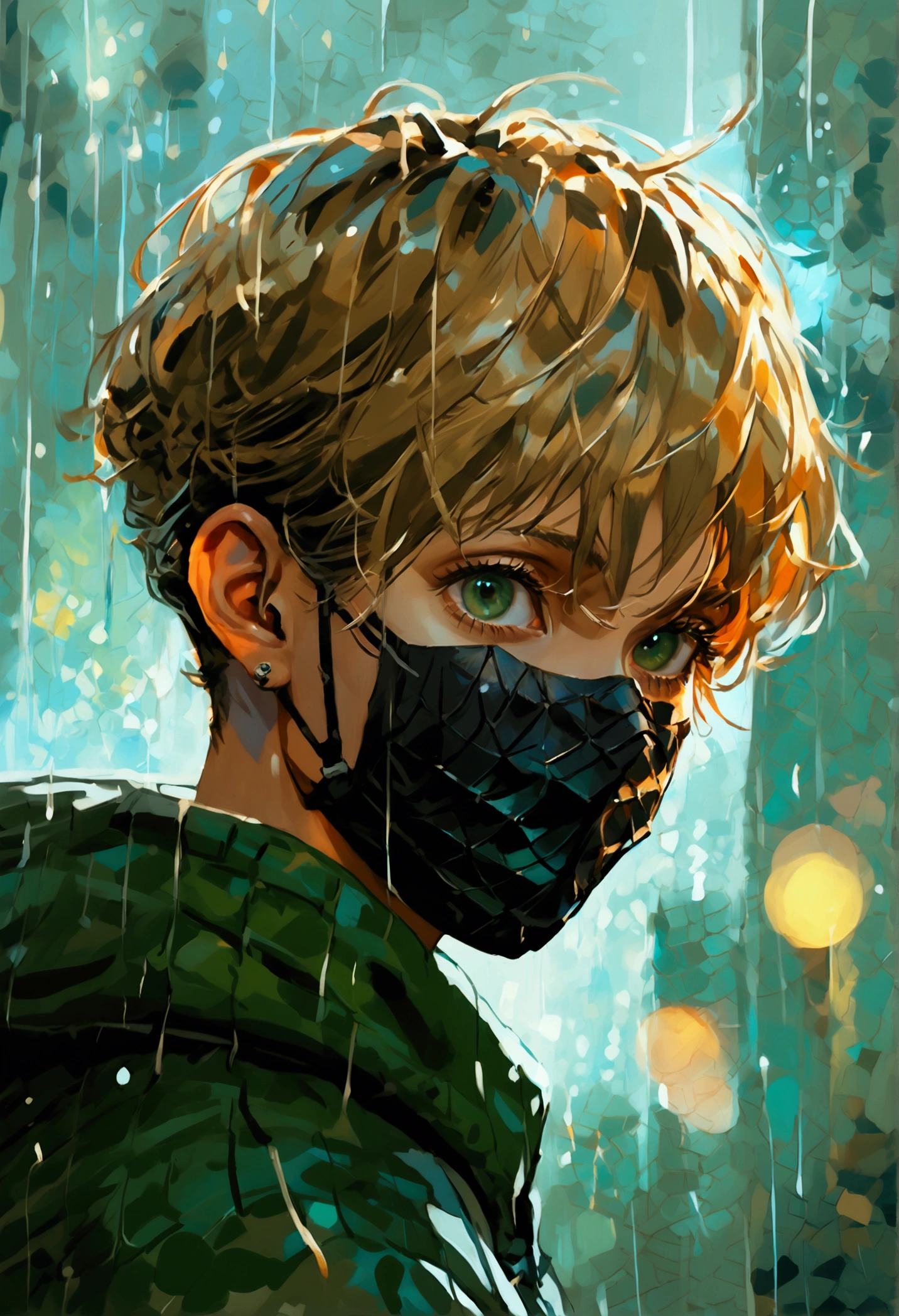 best quality, more details, masterpiece, 1boy,portrait, male focus, dark green eyes, solo, bangs, looking at viewer, hood, short hair, rain, tokyo, hood up, nail polish, blonde hair, luxurious, 8k, detailed, ray tracing, depth of field, cinematic lighting, "official art", "Realistic Digital Painting with Concept Art Elements"," digital painting," "concept art," "realistic," , "detailed environment: , "high detail", "detailed face", "high-res", "ominous aura,", "8k resolution", "oil painting", "graded colors", "darker tone" , "little saturation" ,"professionally colored", "detailed features" , "detailed eyes", "full body" , "wearing mask" "complte body shit(upper and lower body visible in the drawing" , "Balaclava mask""
