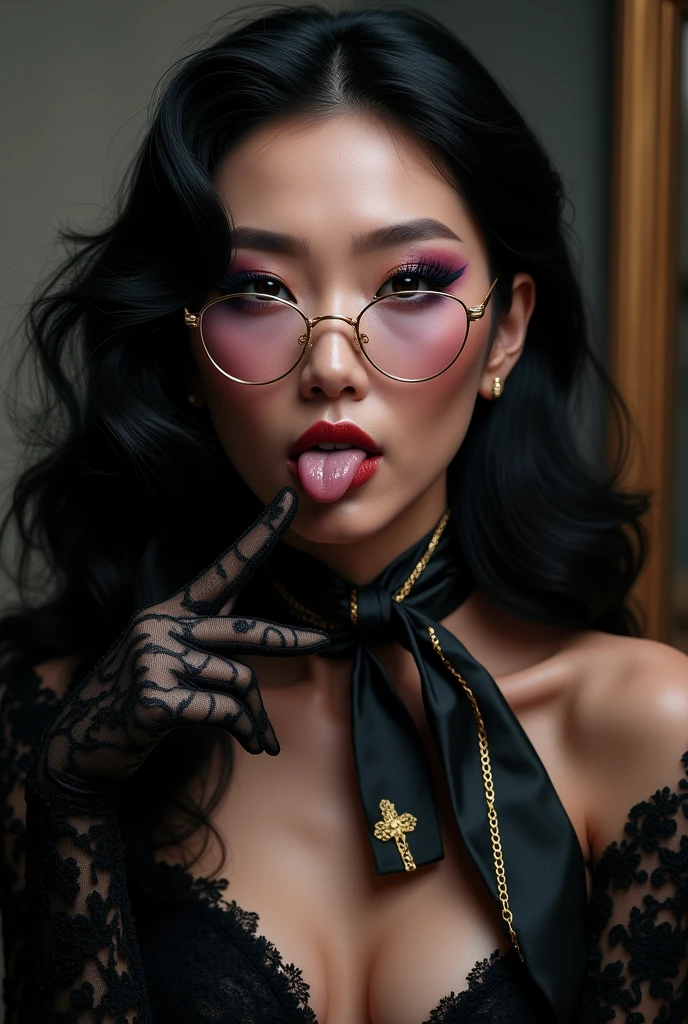 With long, curly black hair、Heavy makeup and purple eyeshadow、Dark eyeliner、Around her neck she wears a ribbon-shaped satin black and gold chain patterned scarf.、Wearing gold-rimmed glasses、Wearing long gloves made of black rose lace、A Japanese woman in her 50s wearing a striped white suit is licking her fingers obscenely with her tongue