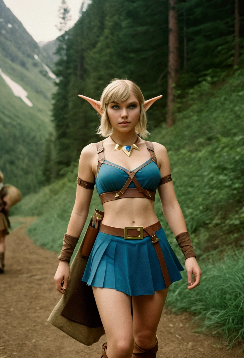 analog film photo, photo of a Hylian girl, elf ears, azure eyes, messy blonde bob cut, tan complexion, tall stature, voluptuous hourglass figure, full hips, plump round buttocks, wearing a bralette and a battle skirt, strolling through Hyrule's wilderness, resembles Taylorr Swift, RAW Photograph, dslr, soft lighting, high quality, film grain, Fujifilm XT3, detailed skin with visible pores, insane details, masterpiece, 8k, 35mm photograph, dslr, kodachrome, faded film, desaturated, grainy, vintage, Lomography, stained, highly detailed, found footage, close-up shot, elven ears