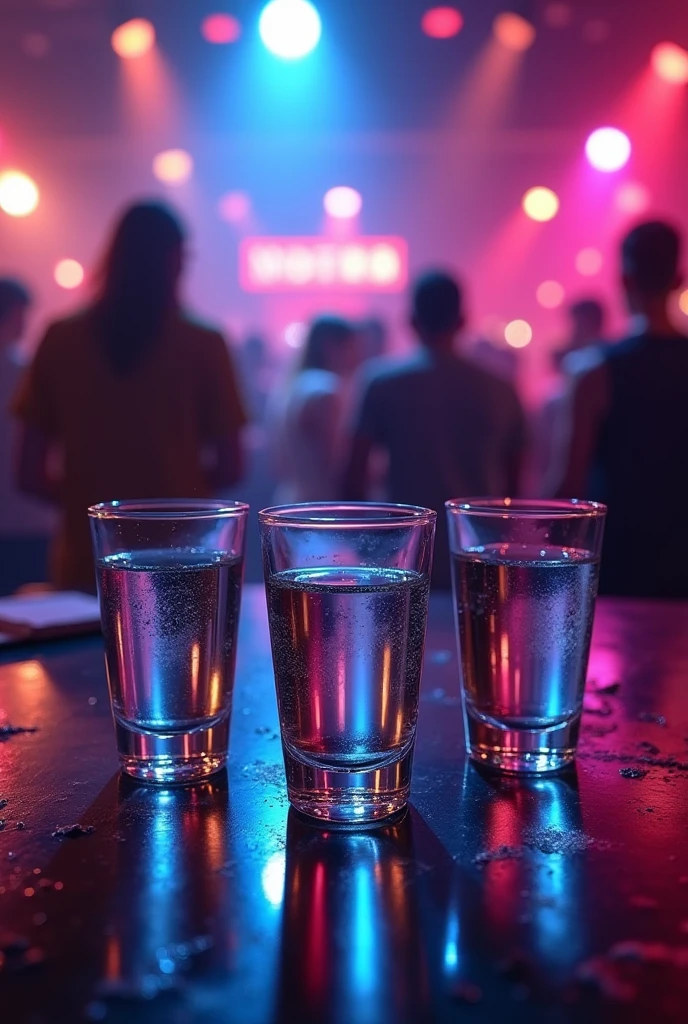 4 vodka shots on a table in the club
