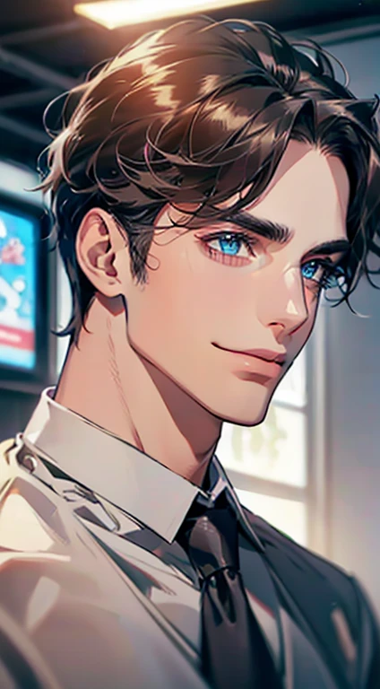 (Highest quality,4K,8K,High resolution,masterpiece:1.2),Super detailed,(Realistic,photoRealistic,photo-Realistic:1.37),1 person,31 years old,Mature Men,Beautiful skin、Profile、very handsome,Expressionless,smile,Short gray dark hair,blue eyes,Sharp Eyes,A perfect face without a doubt,Businessman,Office Background,Cinema Lighting,HDR image,tie、