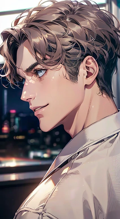 (Highest quality,4K,8K,High resolution,masterpiece:1.2),Super detailed,(Realistic,photoRealistic,photo-Realistic:1.37),1 person,31 years old,Mature Men,Beautiful skin、Profile、very handsome,Expressionless,smile,Short gray dark hair,blue eyes,Sharp Eyes,A perfect face without a doubt,Businessman,Office Background,Cinema Lighting,HDR image,tie、