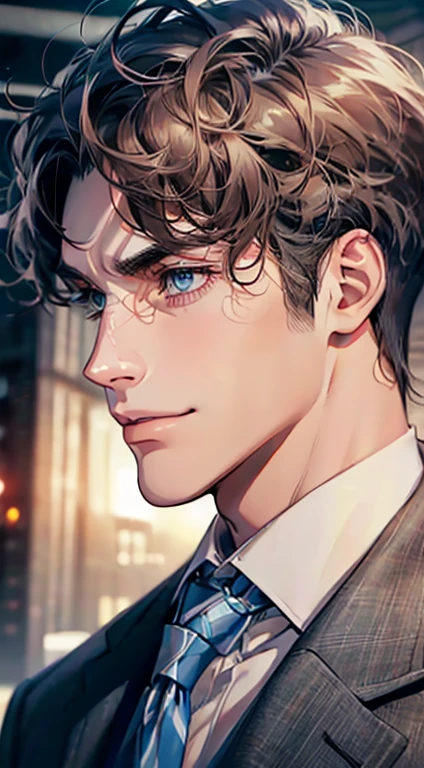 (Highest quality,4K,8K,High resolution,masterpiece:1.2),Super detailed,(Realistic,photoRealistic,photo-Realistic:1.37),1 person,31 years old,Mature Men,Beautiful skin、Profile、very handsome,Expressionless,smile,Short gray dark hair,blue eyes,Sharp Eyes,A perfect face without a doubt,Businessman,Office Background,Cinema Lighting,HDR image,tie、