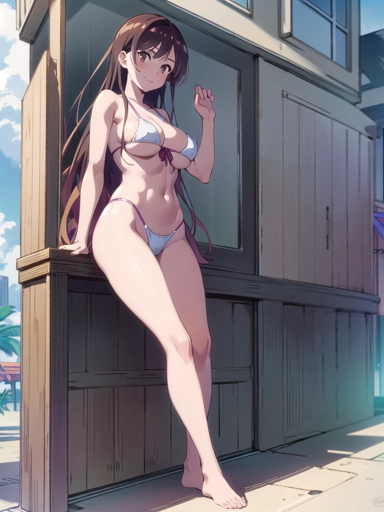 (((pixel-perfect, detail-perfect))), solo, 1girl, chizuru ichinose, naked,looking at viewer, smile, upper body1 girl, beauty, brown eyes, alone, breasts, brown hair, big breasts, Kanojo anime lineart, Chizuru, 1 girl, brown hair, long hair,, big breasts,,add_detail: 1, bikini, FULL BODY ,in the Beach, View from below