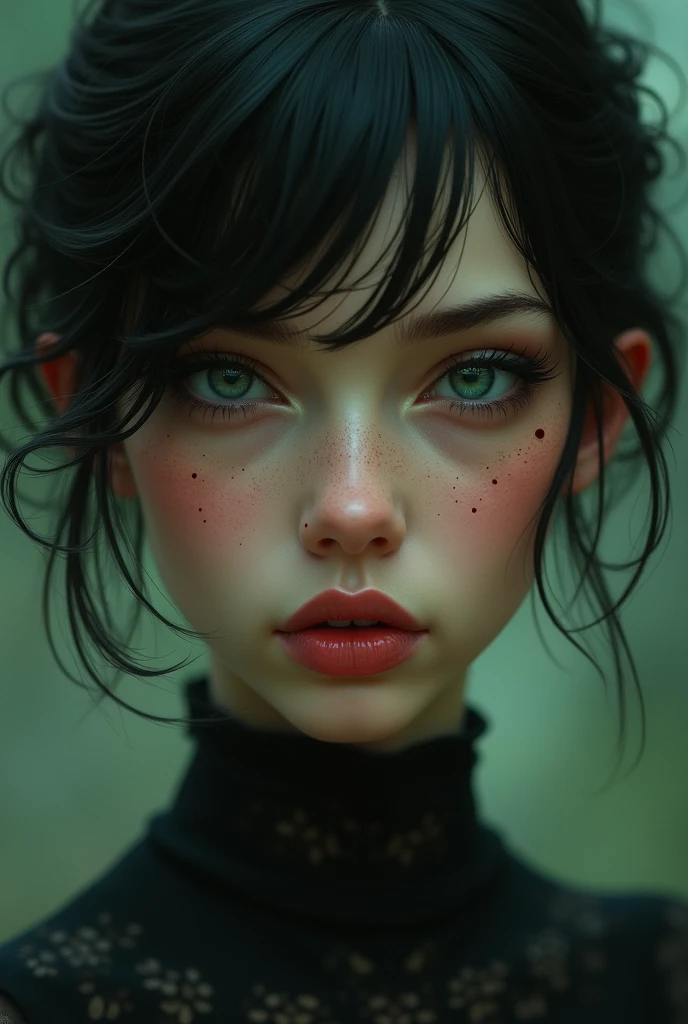 Woman , green eyes thin face, full lips short black hair pointed nose , with freckles 