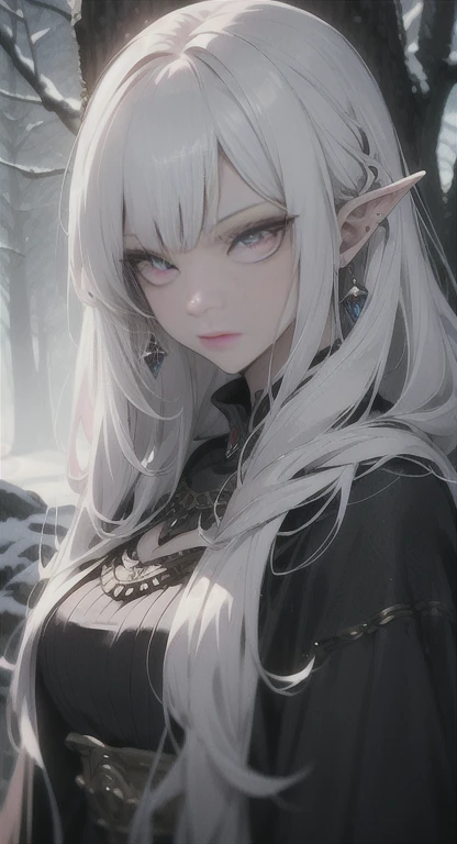 Frozen, misty Forest, ancient being, winter, snow, winter witch, Saria, tan skin, Sheikah, pointed ears, white hair, pink eyes, eyes in the fog, regal appearance, looking at viewer, POV, cabin,