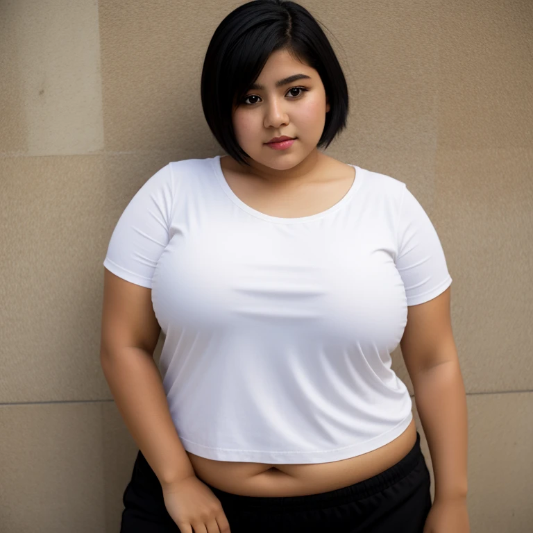 body photo, beautiful detailed, cute face, short, mexican teen, slightly chubby, short black hair, black hair over one eye, long sleeve plain T-shirt, long pants, fat wide hips, solo, 