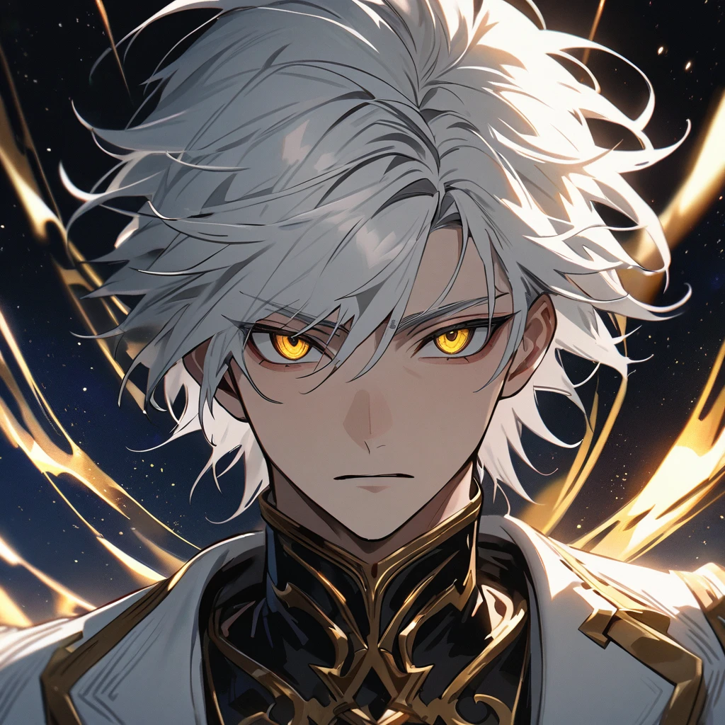 High quality, HD, 4k, no shadows, handsome male, handsome, 1male, 18 years old, 18yo, short white hair, white hair, white hair, white hair, sharp eyes, deep golden colored eyes, dark gold colored eyes, deep gold eyes, gold eyes, devil may cry, close up, calm expression, stoic expression, black leather clothes, white leather clothing, lean body, well trained body, upper body, looking at viewer, cowboy shot, white solar, space background