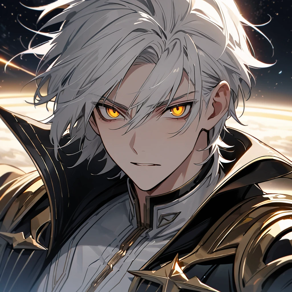 High quality, HD, 4k, no shadows, handsome male, handsome, 1male, 18 years old, 18yo, short white hair, white hair, white hair, white hair, sharp eyes, deep golden colored eyes, dark gold colored eyes, deep gold eyes, gold eyes, devil may cry, close up, calm expression, stoic expression, black leather clothes, white leather clothing, lean body, well trained body, upper body, looking at viewer, cowboy shot, white solar, space background