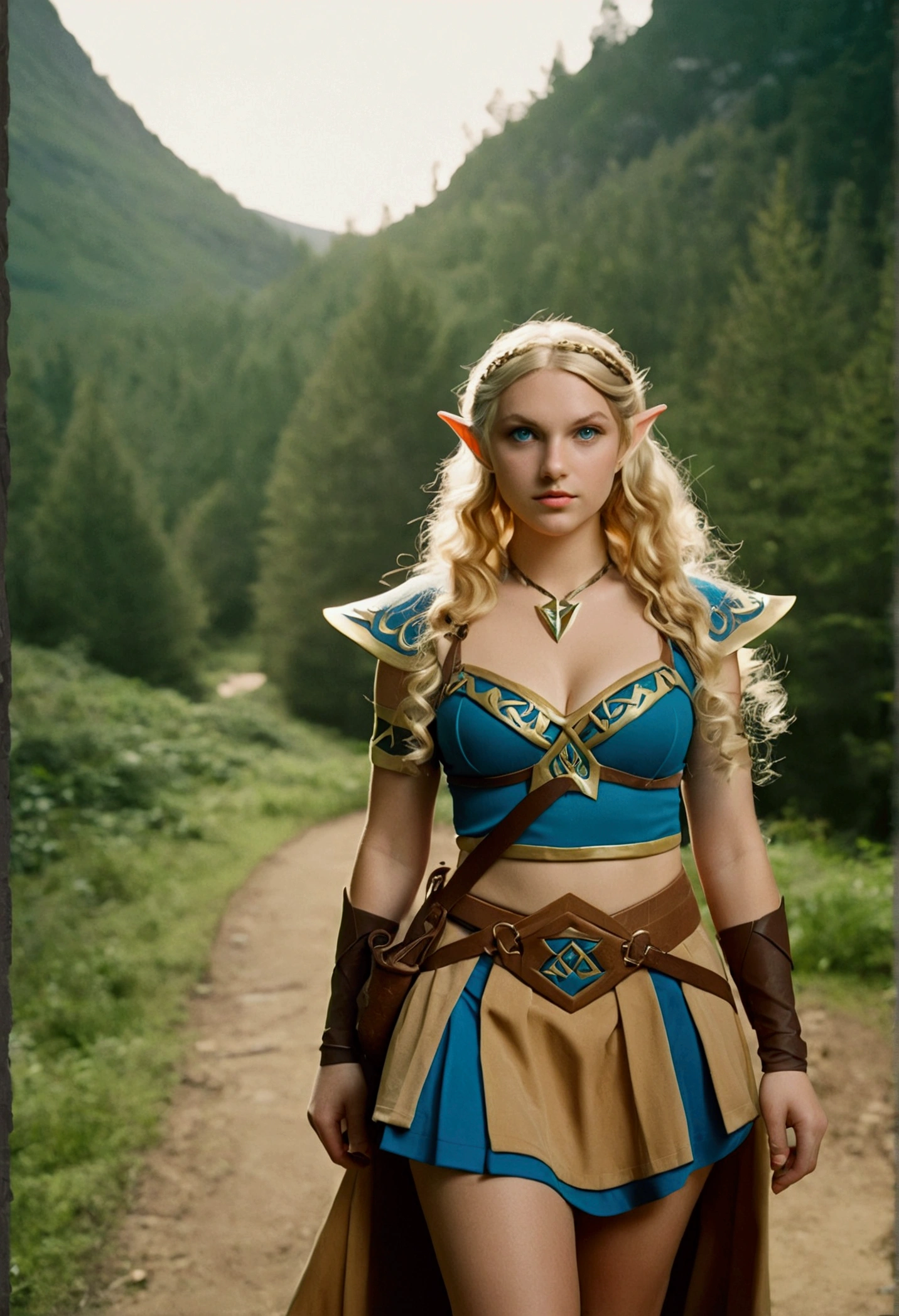 analog film photo, photo of a Hylian girl, elf ears, azure eyes, long blonde curls, tan complexion, tall stature, voluptuous hourglass figure, full hips, plump round buttocks, wearing a bralette and a battle skirt, strolling through Hyrule's wilderness, resembles Taylorr Swift, RAW Photograph, dslr, soft lighting, high quality, film grain, Fujifilm XT3, detailed skin with visible pores, insane details, masterpiece, 8k, 35mm photograph, dslr, kodachrome, faded film, desaturated, grainy, vintage, Lomography, stained, highly detailed, found footage, close-up shot, elven ears