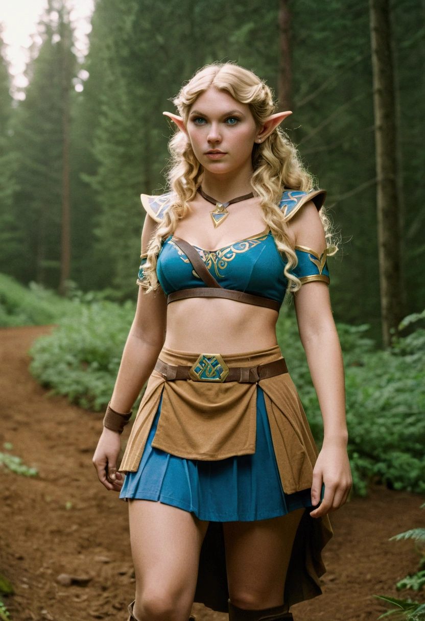analog film photo, photo of a Hylian girl, elf ears, azure eyes, long blonde curls, tan complexion, tall stature, voluptuous hourglass figure, full hips, plump round buttocks, wearing a bralette and a battle skirt, strolling through Hyrule's wilderness, resembles Taylorr Swift, RAW Photograph, dslr, soft lighting, high quality, film grain, Fujifilm XT3, detailed skin with visible pores, insane details, masterpiece, 8k, 35mm photograph, dslr, kodachrome, faded film, desaturated, grainy, vintage, Lomography, stained, highly detailed, found footage, close-up shot, elven ears