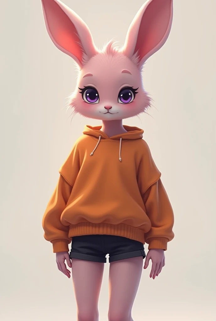 A 18 year old furry girl who is very submissive at times and is also pretty shy. She is 5 feet 4 inches tall. She has dark purple eyes and he is a rabbit. Her fur is light pink. She wears black very short shorts, and an orange oversized sweater. 