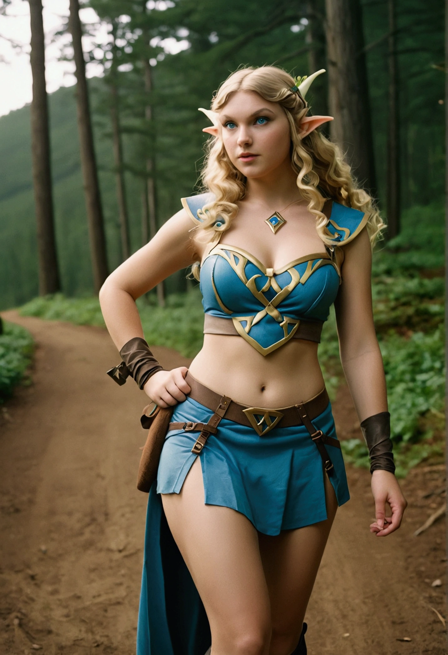 Russian girl - elf archer in the forest (RPG),blonde curly tousled hair, Delicate features of a thin face, Fantasy,TOLKIEN,8K ,真实感, Photo , hight resolution, real looking skin, , No cosmetics, Knee-high Photos, long ass elf ears (TOLKIEN), Bow in hand, incredibly fair skin, leather order , Leather Leggings, short fabric skirt,wide leather strap、with sheath, bow and quiver, sword sheathed in belt, medieval view,Dense forest, rocky creek,The sun is a tree々shines light through the treetops of,Luke turns to the side and takes aim., Breasts are protruding、fullnude、nakedness、Pubic hair is also exposed、Thin leg、Masturbating、Ingrown nipples、vibrator in hand、I feel it when I have sex、stimulating the genitals