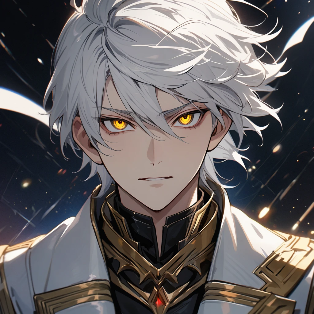 High quality, HD, 4k, no shadows, handsome male, handsome, 1male, 18 years old, 18yo, short white hair, white hair, white hair, white hair, sharp eyes, deep golden colored eyes, dark gold colored eyes, deep gold eyes, gold eyes, devil may cry, close up, calm expression, stoic expression, black leather clothes, white leather clothing, lean body, well trained body, upper body, looking at viewer, cowboy shot, white solar, space background