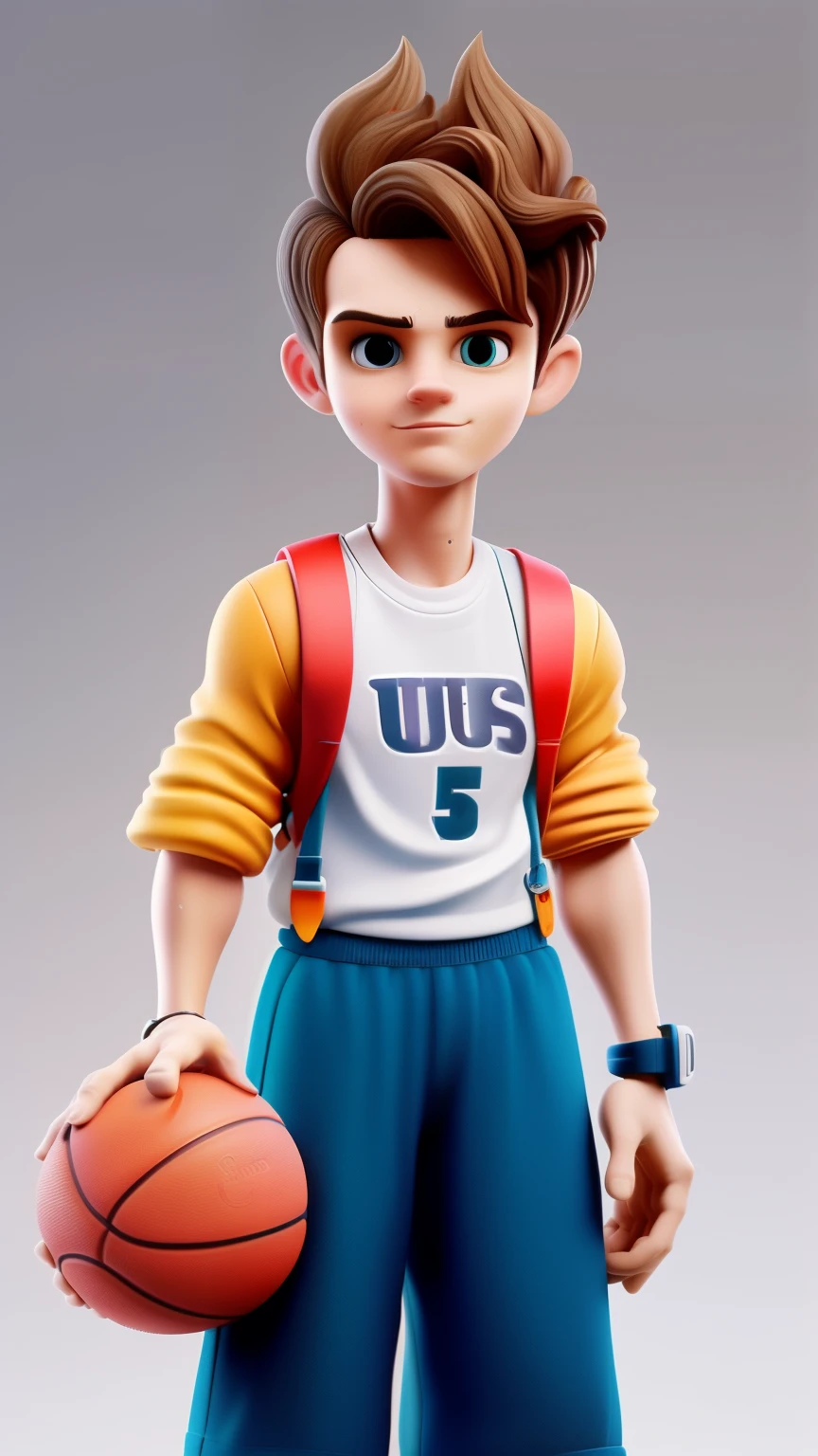There is a Q version boy,Standing with a basketball in one hand on his chest,The other hand is in the trouser pocket,Very rich facial details, Wear sportswear,looks very sunny, Short, light brown hair, Super detailed characters, Highly Authentic, 4K, Chiaroscuro, Ultra-high detail,Rim Light,Gloss,White background,UE5,Overall color scheme warm tones