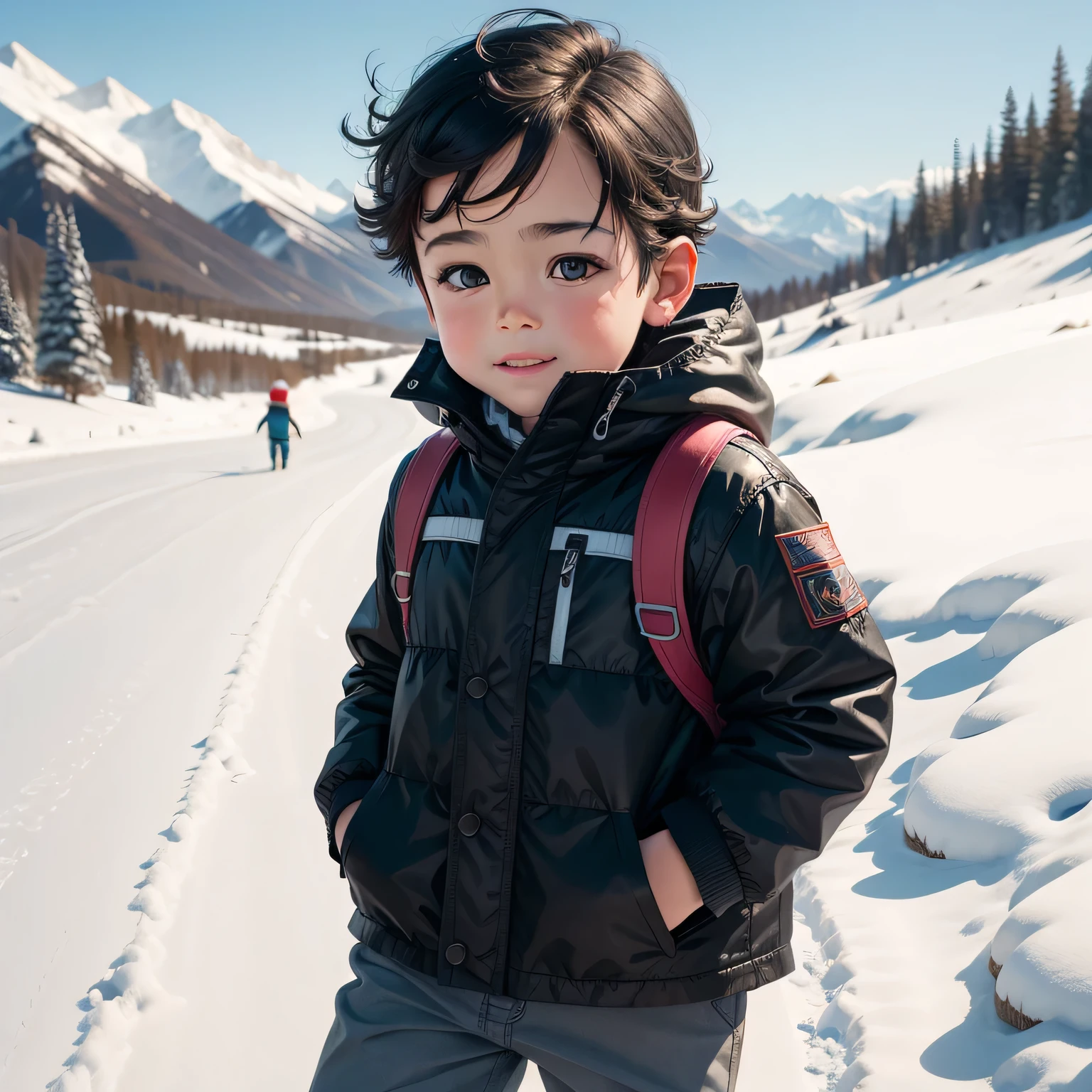 A five-year-old boy frolicking in the spring mountains, remaining snow