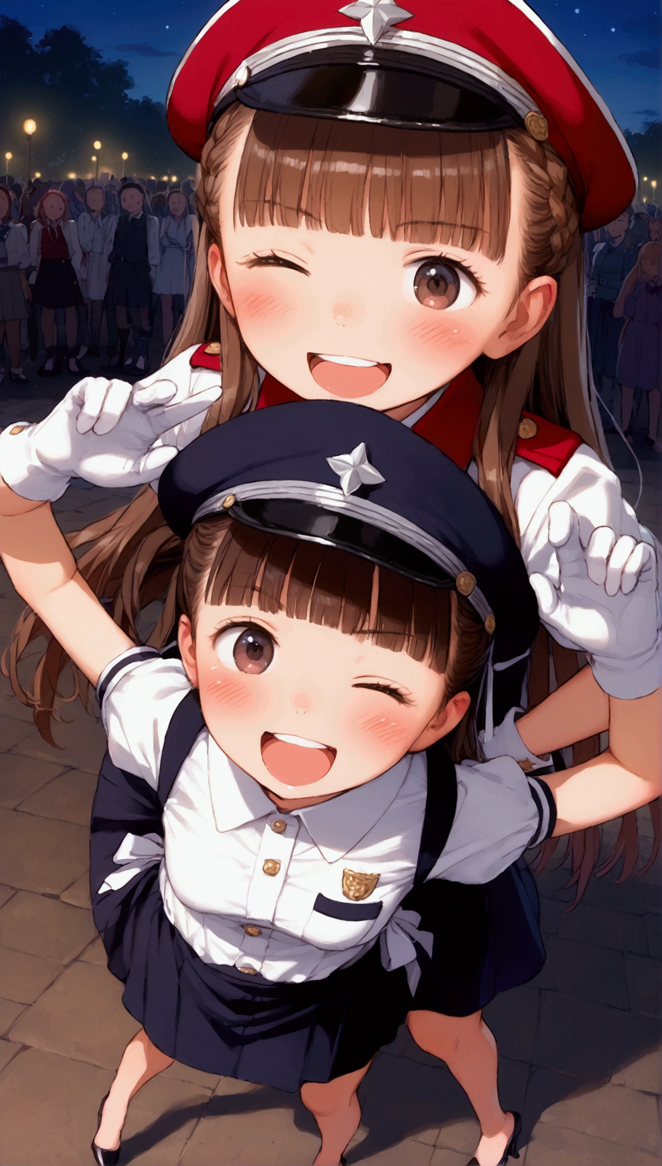 {Highest quality}, {Super beautiful},{Ultra fine},{Best illustration},Brown Hair,Hime cut,Braid,long hair,Two Women,Standing Woman,Strike a pose,Adult women,smile,Excited face,Double teeth,Mischievous,Wink,Uniform cap,White shirt,Short sleeve,Black long skirt,White gloves,Black stiletto heels,Night Park,crowd,Blushing,Slender,From above,Spread your legs,Put one hand on your hip