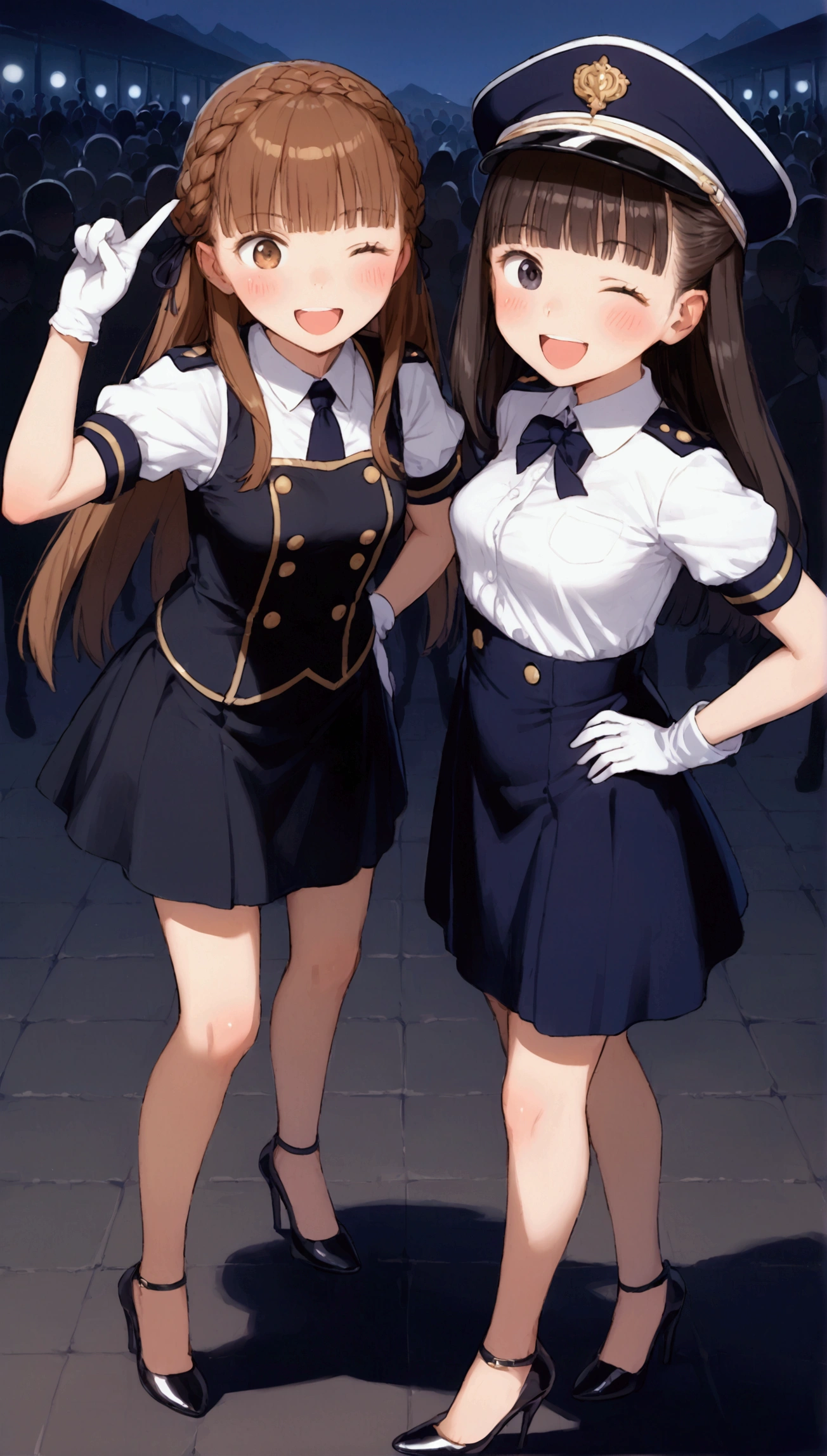 {Highest quality}, {Super beautiful},{Ultra fine},{Best illustration},Brown Hair,Hime cut,Braid,long hair,Two Women,Standing Woman,Strike a pose,Adult women,smile,Excited face,Double teeth,Mischievous,Wink,Uniform cap,White shirt,Short sleeve,Black long skirt,White gloves,Black stiletto heels,Night Park,crowd,Blushing,Slender,From above,Spread your legs,Put one hand on your hip